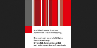 Book cover of the academic anthology entitled “Dimensions of Diverse Refugee Research: Diversity, Intersectionality, and Heterogeneous Arrival Contexts.” Edited by Arne Böker, Annette Korntheuer, Judith Bucher, and Stefan Thomas. The design features vertical bars in various shades of red, gray, and white in the upper section. At the bottom, the publisher BELTZ Juventa is displayed on a white background.