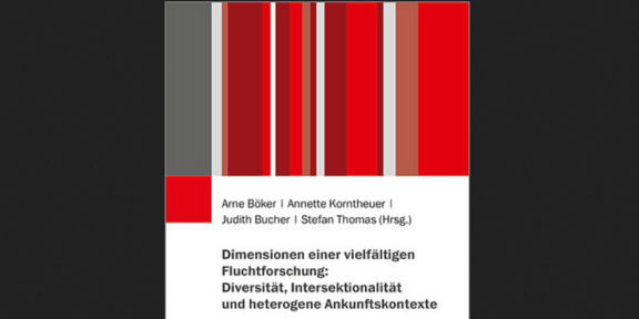 Book cover of the academic anthology entitled “Dimensions of Diverse Refugee Research: Diversity, Intersectionality, and Heterogeneous Arrival Contexts.” Edited by Arne Böker, Annette Korntheuer, Judith Bucher, and Stefan Thomas. The design features vertical bars in various shades of red, gray, and white in the upper section. At the bottom, the publisher BELTZ Juventa is displayed on a white background.