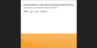 Cover of the Journal of Migration Studies. The title is written in black letters on a white background at the top, with the details “ZMF | Vol. 5 – 2025 | Issue 2” below. The lower part of the cover shows a graphic pattern of white dots on an orange background, forming a dynamic waveform.