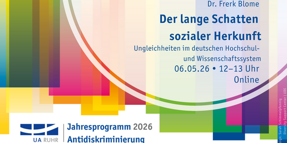 Event poster featuring colorful, overlapping blocks of yellow, green, blue, pink, and orange. On the right is the title “The Long Shadow of Social Background.” Below that: “Inequalities in the German Higher Education and Research System.” Dr. Frerk Blome is listed as the speaker. The event will take place online on May 6, 2026, from 12:00–1:00 p.m. At the bottom left is “UA Ruhr – 2026 Annual Program: Anti-Discrimination.” The design is modern and colorful.