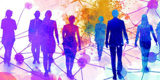 Bunte, abstrakte Illustration von mehreren menschlichen Silhouetten, die nach vorne gehen. Im Hintergrund sind farbige Farbflächen und ein Netzwerk aus verbundenen Punkten und Linien zu sehen, das Austausch, Zusammenarbeit und Vernetzung symbolisiert.