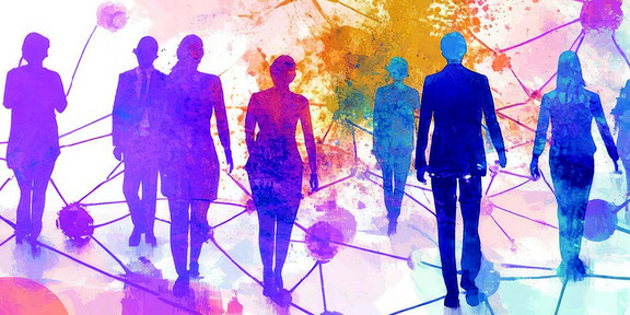 A colorful, abstract illustration of several human silhouettes walking forward. In the background are swaths of color and a network of interconnected dots and lines, symbolizing exchange, collaboration, and networking.