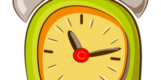 Illustration of a green alarm clock with an orange dial; the hands are at approximately 10:10.