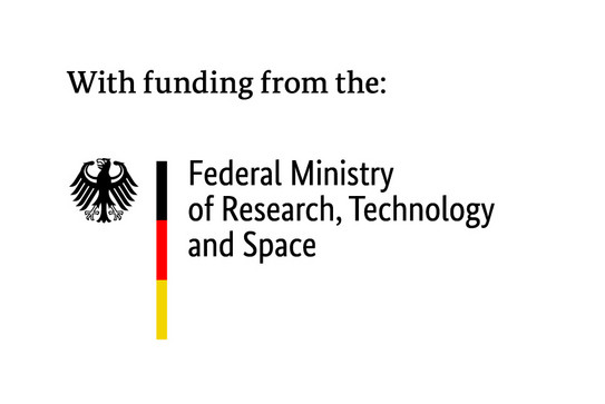 Logo with the text “With funding from the: Federal Ministry of Research, Technology and Space.” To the left of this is a black eagle as a symbol and a vertical bar in black, red, and yellow, reminiscent of the German flag.