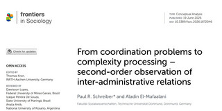 Screenshot eines wissenschaftlichen Artikels aus der Zeitschrift Frontiers in Sociology. Der Titel lautet „From coordination problems to complexity processing – second-order observation of inter-administrative relations“. Als Autoren sind Paul R. Schreiber und Aladin El‑Mafaalani genannt. Zusätzlich sind Angaben zu Open Access, Herausgebern, Veröffentlichung (19. Juni 2026) und DOI sichtbar.