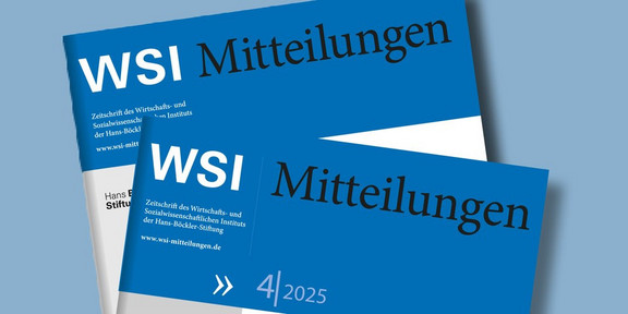 Zwei blaue Ausgaben der Zeitschrift "WSI Mitteilungen" mit dem Titel und Erscheinungsdatum „4/2025“. Die Zeitschriften liegen leicht versetzt aufeinander vor einem hellblauen Hintergrund.