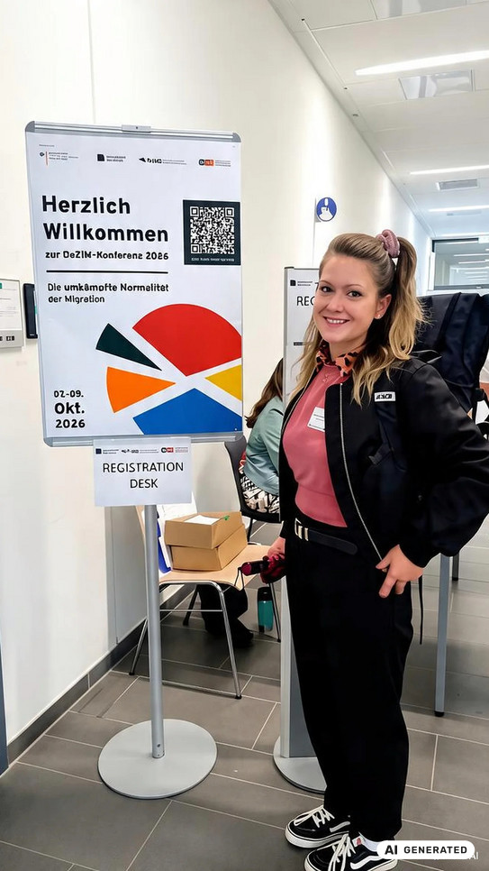 AI generated - Dr. Anna Cornelia Reinhardt vor dem Willkommensbanner der DeZiM-Konferenz 2026 („Die umkämpfte Normalität der Migration", 02.–09. Okt. 2026) am Registration Desk.