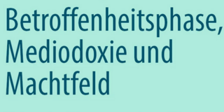 Text auf einem türkisfarbenen Hintergrund mit der Aufschrift: „Betroffenheitsphase, Mediodoxie und Machtfeld – Rekonstruktion von antisemitischen und antimuslimisch-rassistischen Erfahrungen“. Das Design verwendet klare, kontrastreiche Schriftarten in dunklem Blau und Weiß.