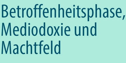 Text on a turquoise background with the inscription: “Phase of concern, mediodoxia, and power field—reconstruction of anti-Semitic and anti-Muslim racist experiences.” The design uses clear, high-contrast fonts in dark blue and white.