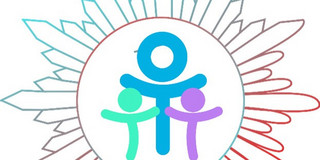 A graphic logo shows three stylized, colored figures in a circle—a larger blue figure in the middle and two smaller figures on the left in green and on the right in purple. The circle is surrounded by a radiating pattern that transitions from blue to gray to red. The motif conveys community, cohesion, and diversity.