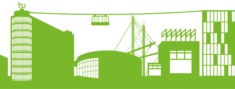  Drawing of the skyline of the TU Dortmund with buildings in green on white background.
